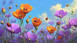 春日花海中的瓢虫飞舞