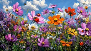 五彩斑斓的花海与瓢虫