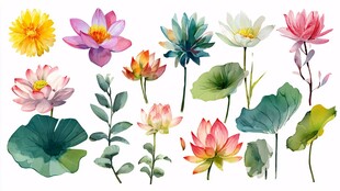 多彩荷花荷叶插画素材