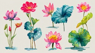 水彩绘荷花与荷叶集合