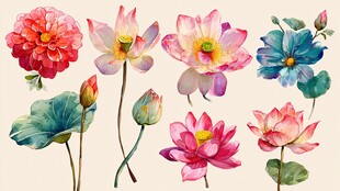 水彩花卉插画 多彩莲花绽放