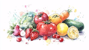 水彩绘缤纷果蔬组合
