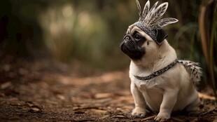 头戴羽饰的可爱哈巴狗