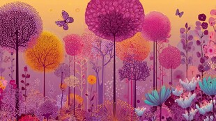 梦幻多彩花卉森林插画