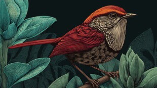 红羽小鸟栖于绿叶间