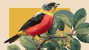 彩羽鸟儿栖于绿叶枝头