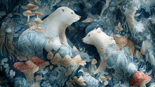 森林中亲昵的两只北极熊