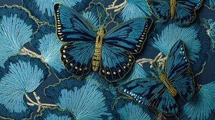 蓝蝶银杏叶刺绣精美图案