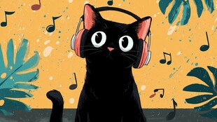 黑猫戴耳机畅享音乐时刻