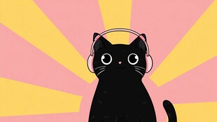 戴耳机的黑猫萌趣插画