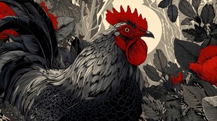 公鸡傲立花丛间