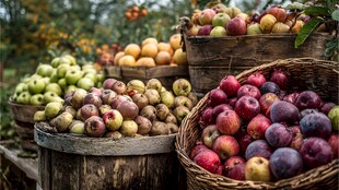 户外木筐里色彩缤纷的水果