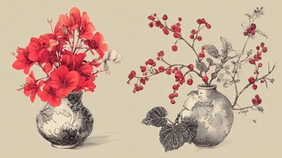 复古花瓶中的花卉与浆果