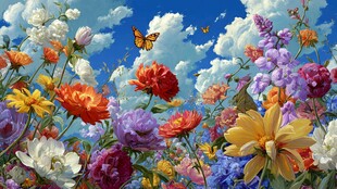 缤纷花海间蝴蝶翩翩飞舞