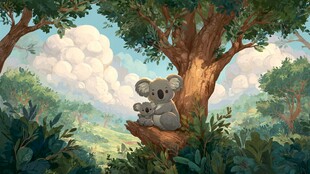 考拉母子栖于繁茂大树间