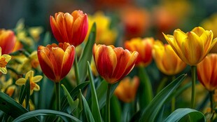 多彩郁金香绽放的美丽图景