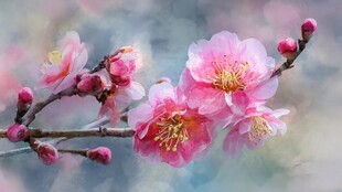 娇艳绽放的粉色梅花枝头