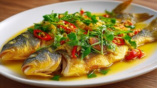 香煎黄鱼配鲜辣香草