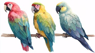 三只色彩斑斓的鹦鹉栖枝