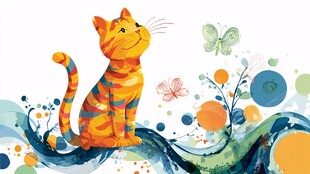 彩色猫咪与梦幻蝴蝶插画