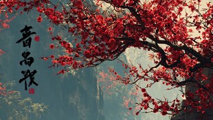 红梅绽于山间诗意景象