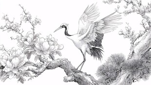 鹤立花枝间 尽显优雅