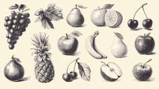 手绘黑白水果集合图