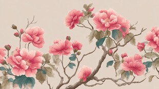 中式手绘盛开的娇艳粉牡丹