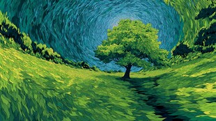 梦幻绿野中的孤独绿树