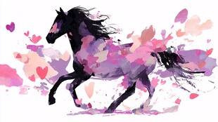 梦幻水彩奔马 爱心环绕