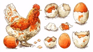 母鸡与破碎的鸡蛋画面