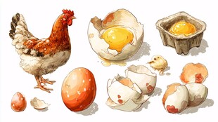 母鸡与鸡蛋的水彩插画