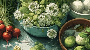 盆栽香草与多彩蔬菜静物