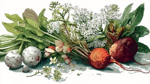 新鲜蔬菜与蛋的水彩绘