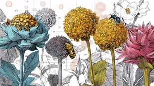 手绘花卉与蜜蜂的美妙场景