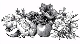 手绘蔬果花卉组合图