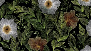 花卉绿叶黑色背景图案