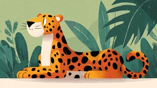 趴着的花豹与热带植物