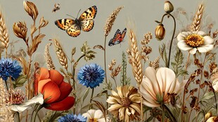 田园风花卉蝴蝶插画