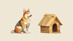 多边形风小狗与木质狗窝