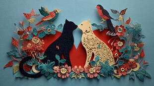 猫与鸟的纸艺梦幻邂逅