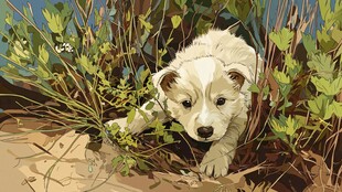 草丛中的可爱小白狗