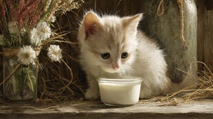 小奶猫专注喝牛奶的瞬间