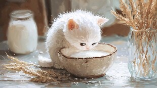 小白猫专注舔碗中液体