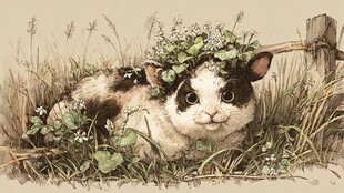 头戴花环的可爱田园小兔