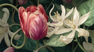 娇艳郁金香与素雅白花