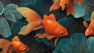 金鱼悠游于翠绿荷叶间