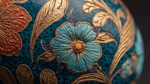 蓝底金纹花卉装饰器物细节