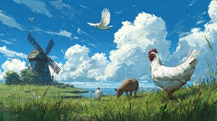 田园牧歌 风车 鸡 猪与飞鸟