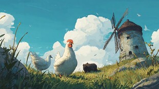 田园间的鸡与古老风车